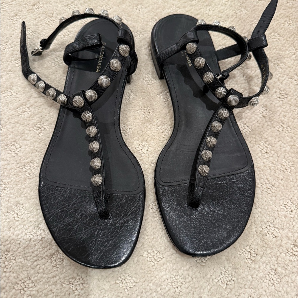Balenciaga Black Leather T-Strap Sandals with Silver Studs